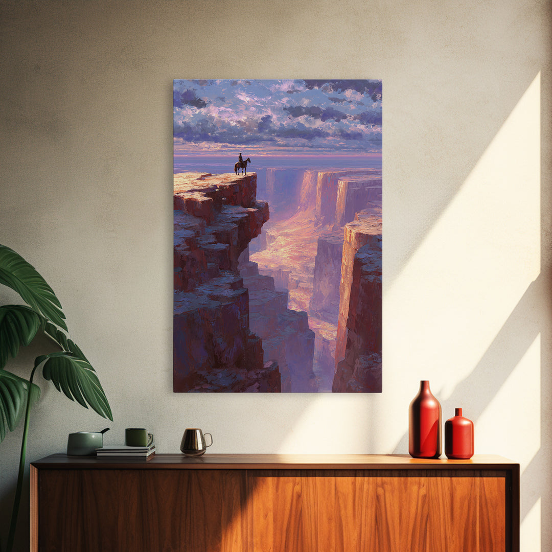 Epic Wild West Cowboy On Cliff Abstract Landscape Wall Art Canvas Print For Rustic Home And Living Room