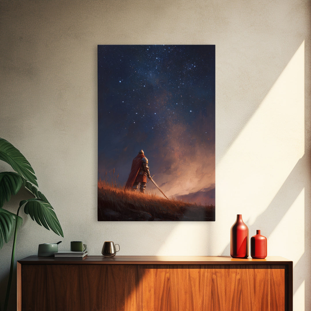 Knight Standing Under Starry Night Sky With Sword Illustration Fantasy Wall Art Framed Canvas Print For Home Decor