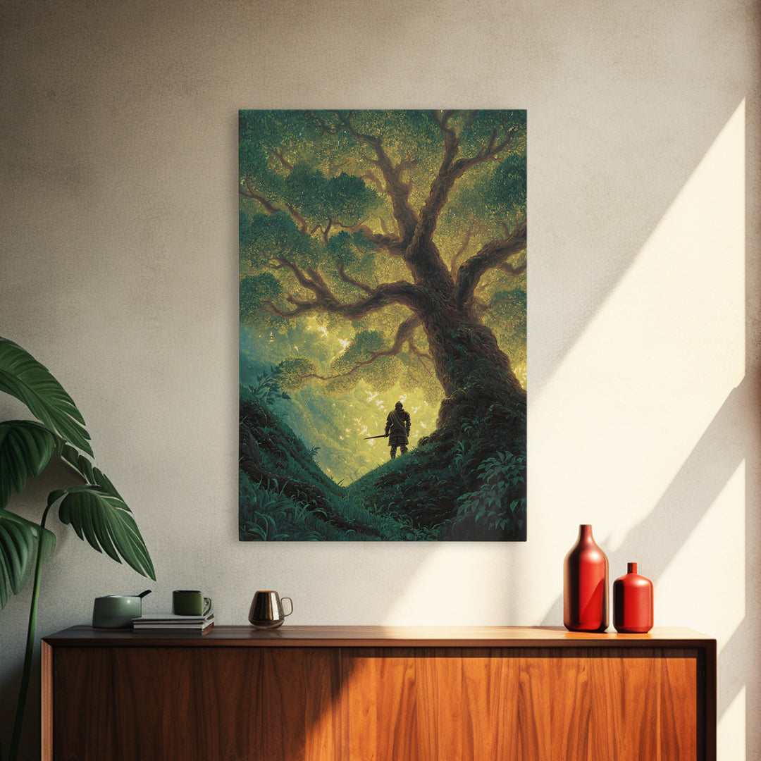 Fantasy Artwork Knight Standing Under Enchanted Glowing Tree In Mystical Forest - Canvas Print For Magical Wall Art And Fairytale Home Decor
