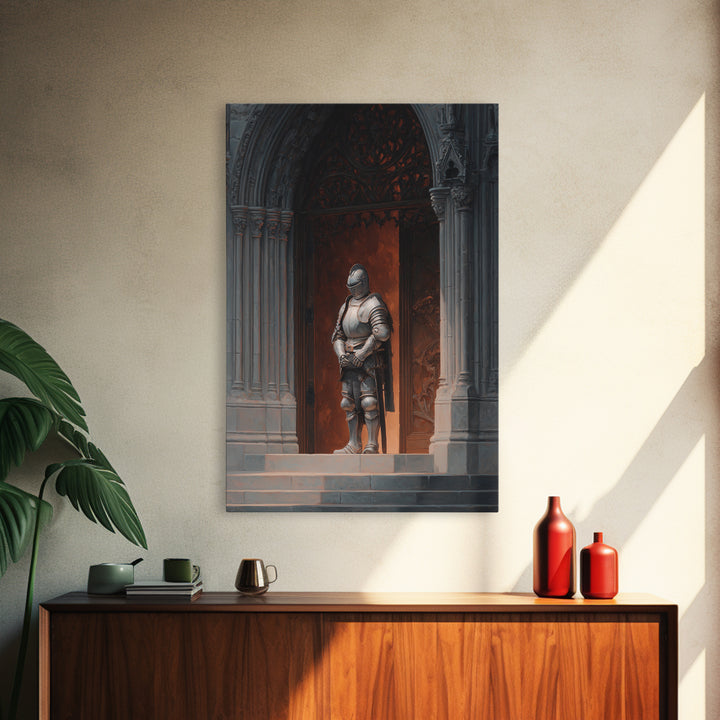 Medieval Knight Armor Standing At Gothic Cathedral Doorway Wall Art Framed Canvas Print For Home Decor Enthusiasts