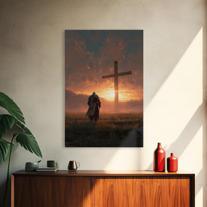 Knight Kneeling Before Large Cross At Sunset Spiritual Wall Art Framed Canvas Print Religious Artwork For Home Decor