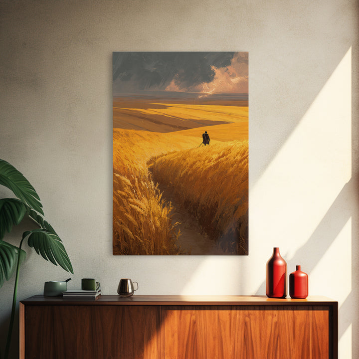 Expansive Golden Wheat Field With Lone Figure Walking Abstract Landscape Wall Art Modern Canvas Print For Rustic Home Or Office Decor