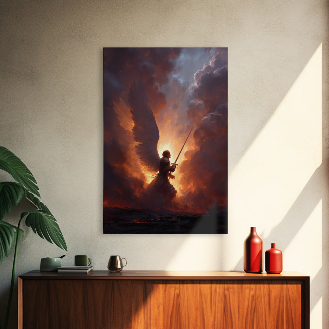 Epic Angel Warrior With Sword Radiant Light And Fiery Background Fantasy Art Framed Canvas Print For Home