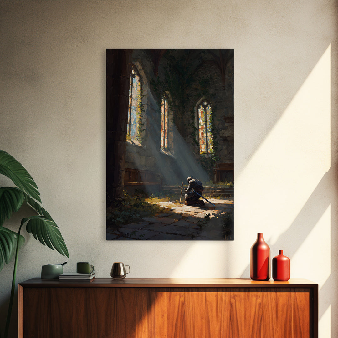 Medieval Knight Kneeling In Chapel With Sunlight Rays Warm Oil Painting Wall Art For Living Room Decor And Gift