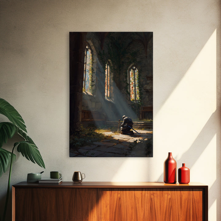 Medieval Knight Kneeling In Chapel With Sunlight Rays Warm Oil Painting Wall Art For Living Room Decor And Gift