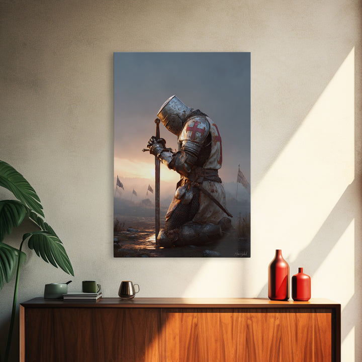 Medieval Knight In Armor Kneeling With Sword At Sunset Dramatic Fine Art Print For Historical And Fantasy Wall Art