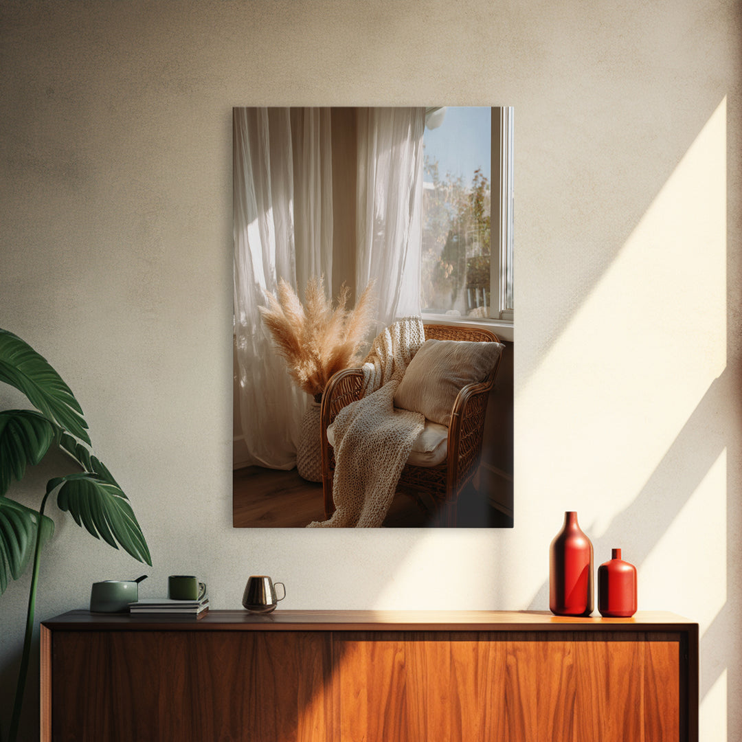 Cozy Wicker Chair And Pampas Grass Wall Art, Neutral Boho Home Decor, Sunlit Bedroom Canvas Print, Housewarming Gift For Her