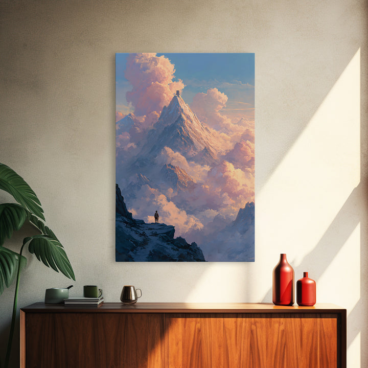 Epic Mountain Landscape With Pilgrim And Tower Framed Canvas Print Majestic Nature Wall Art Dramatic Sky Wall Decor