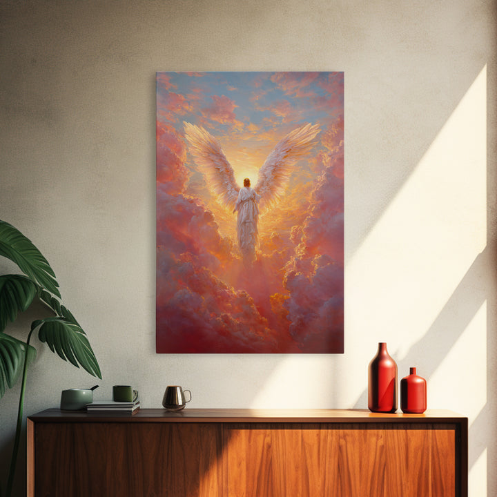 Glowing Angel In Radiant Sunset Sky Symbolic Spiritual Painting Wall Art Framed Canvas Print