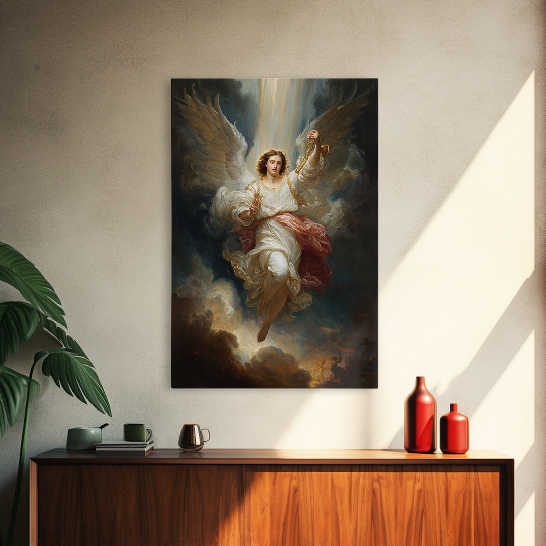 Radiant Angel In White Robes With Gold Accents And Warm Glowing Light - Framed Canvas Print For Home Decor