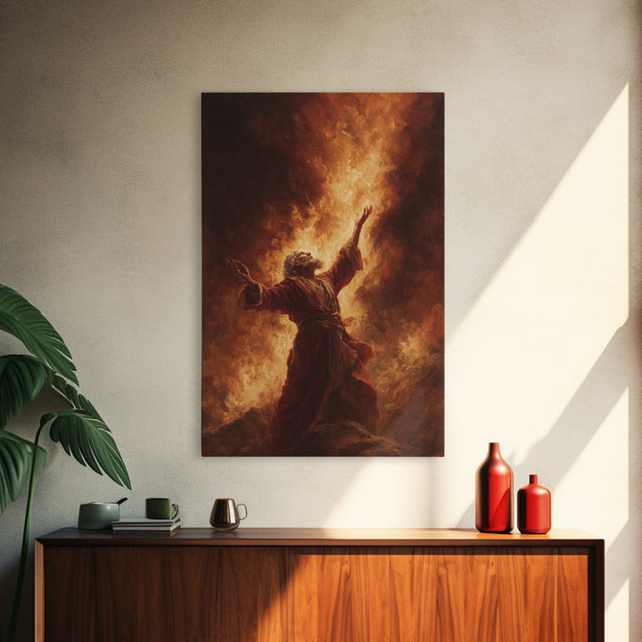 Dramatic Figure Kneeling With Angelic Being Bathed In Radiant Light Religious Spiritual Wall Art Framed Canvas Print For Inspirational Decor