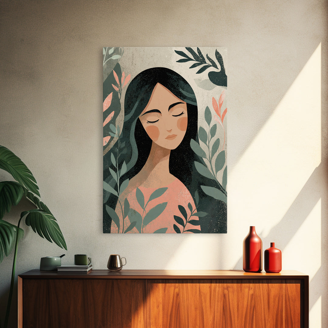 Serene Botanical Woman Portrait Wall Art, Feminine Boho Decor, Modern Illustration Print, Nature Inspired Art, Gift For Her