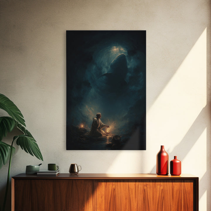 Underwater Dark Shark Illustration Mystical Ocean Scene Moody Wall Art - Canvas Print For Nautical Living Room Decor