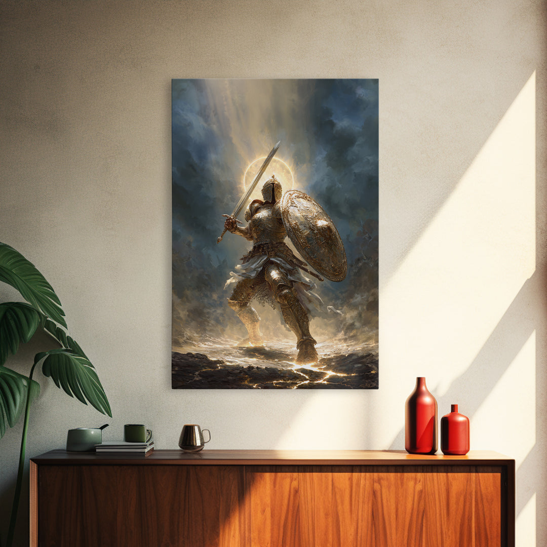 Heroic Knight In Golden Armor Digital Painting Canvas Print Wall Art For Medieval Decor And Fantasy Room Accent