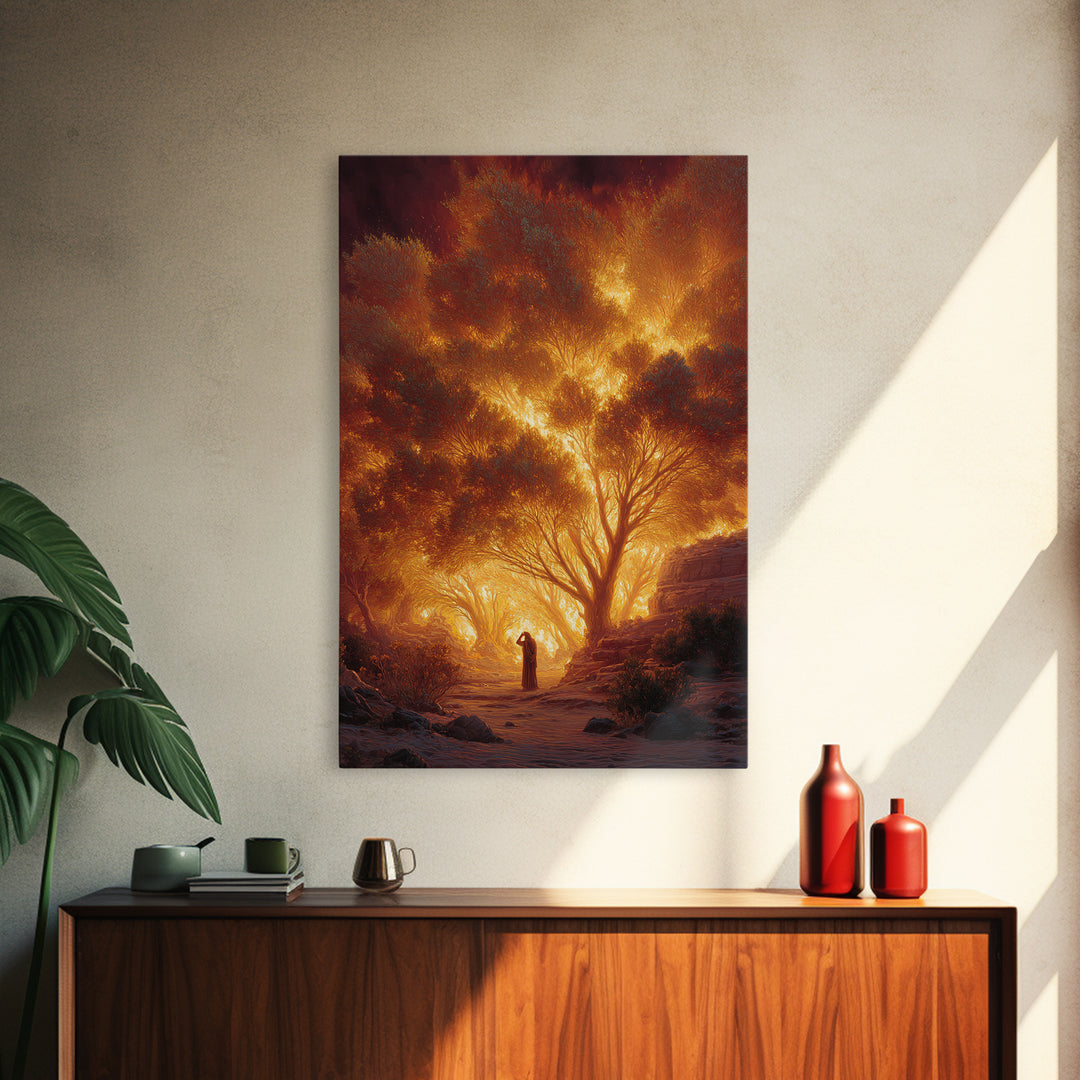 Fiery Forest Landscape With Lone Figure At Sunset | Contemporary Art Wall Art Canvas Print For Living Room Decor