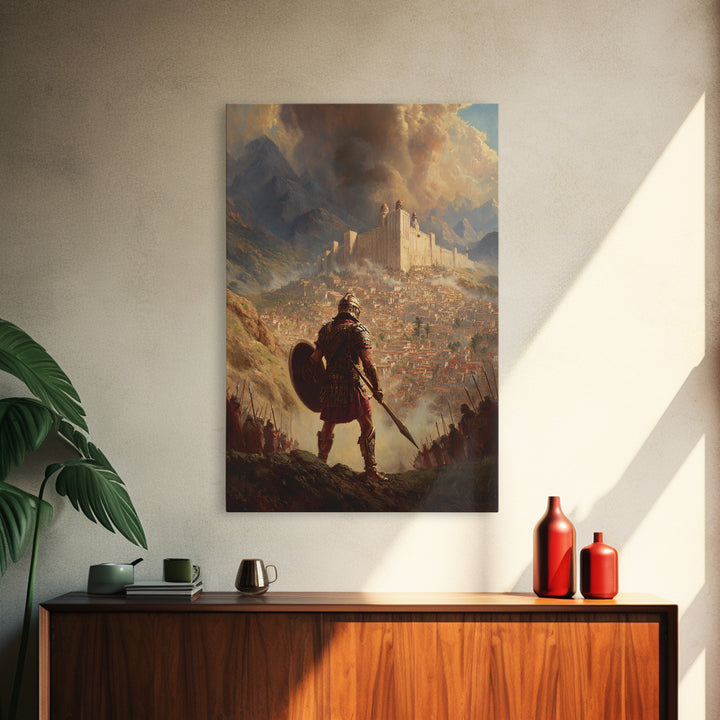Epic Medieval Warrior Facing Grand Castle Oil Painting Canvas Print For Living Room Decor And Historical Art Lovers
