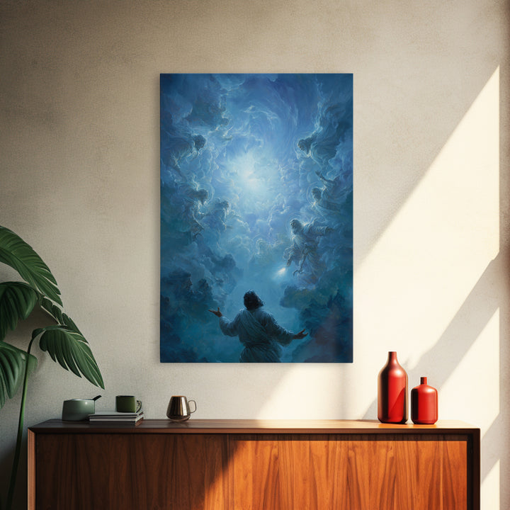 Celestial Encounter With Divine Figures In Blue Sky Spiritual Wall Art Framed Canvas Print For Home Decor