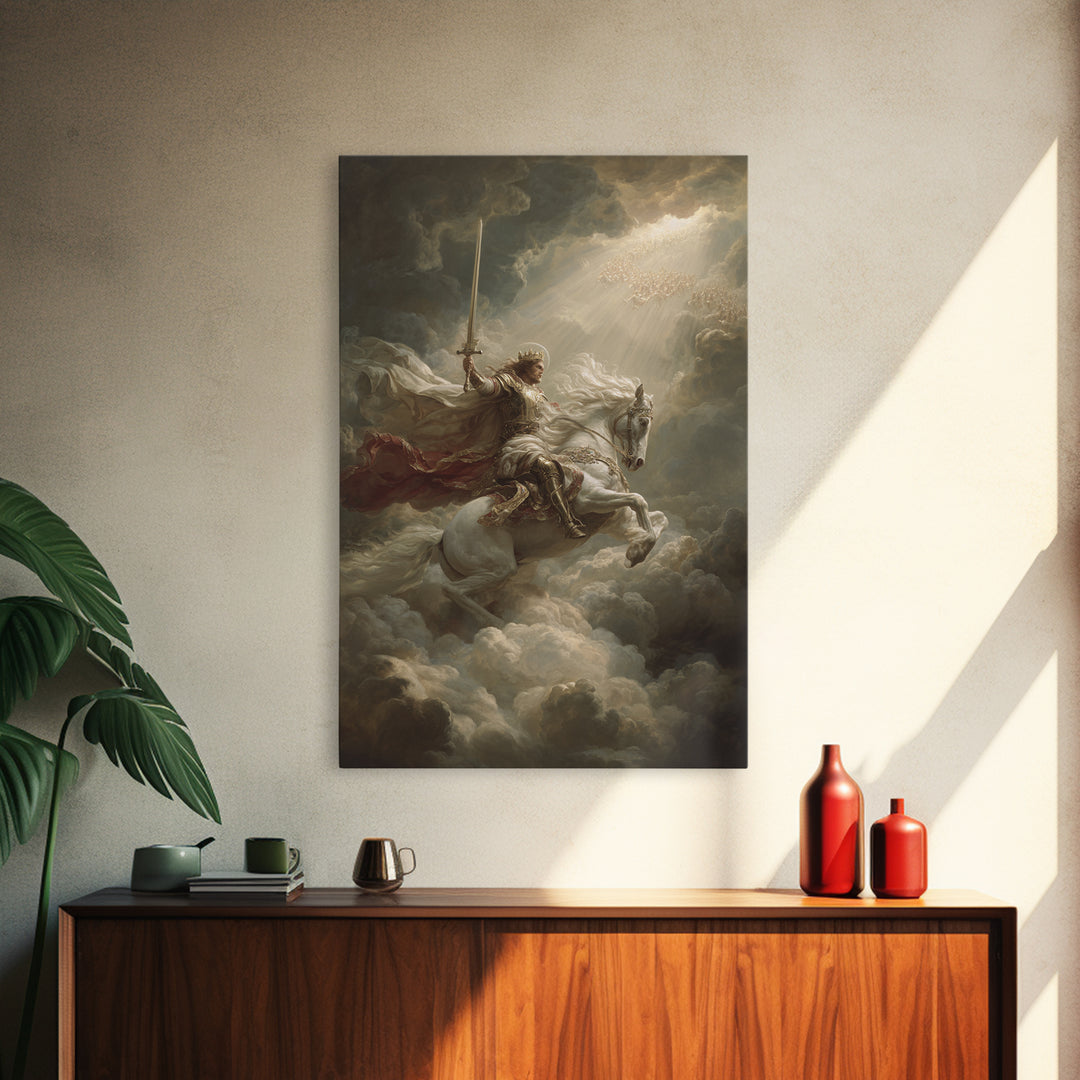 Majestic Knight On White Horse Charging Through Clouds Oil Painting Canvas Print For Romantic Bedroom Decor And Fantasy Art