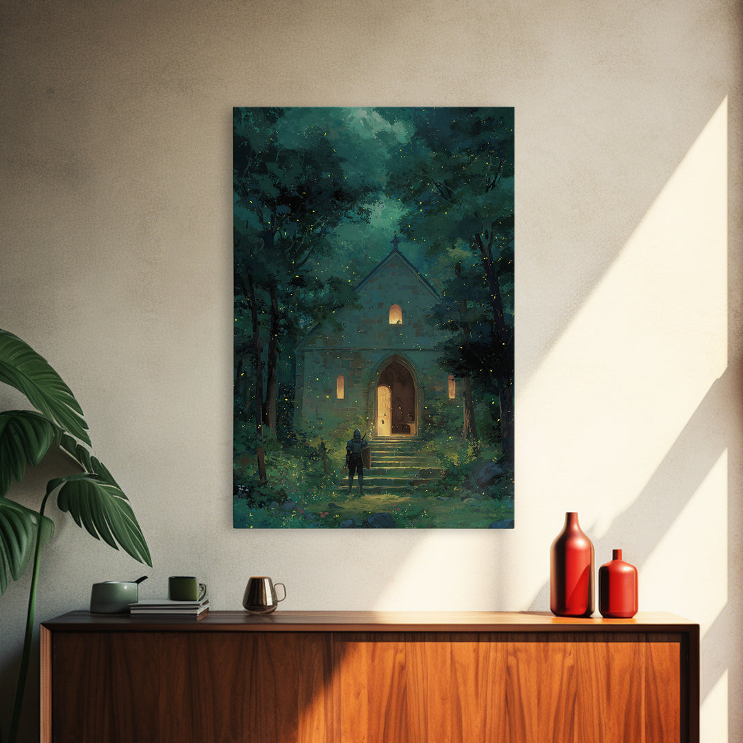 Knight Approaching Enchanted Forest Chapel With Fireflies At Dusk Wall Art Framed Canvas Print For Bedroom Decor