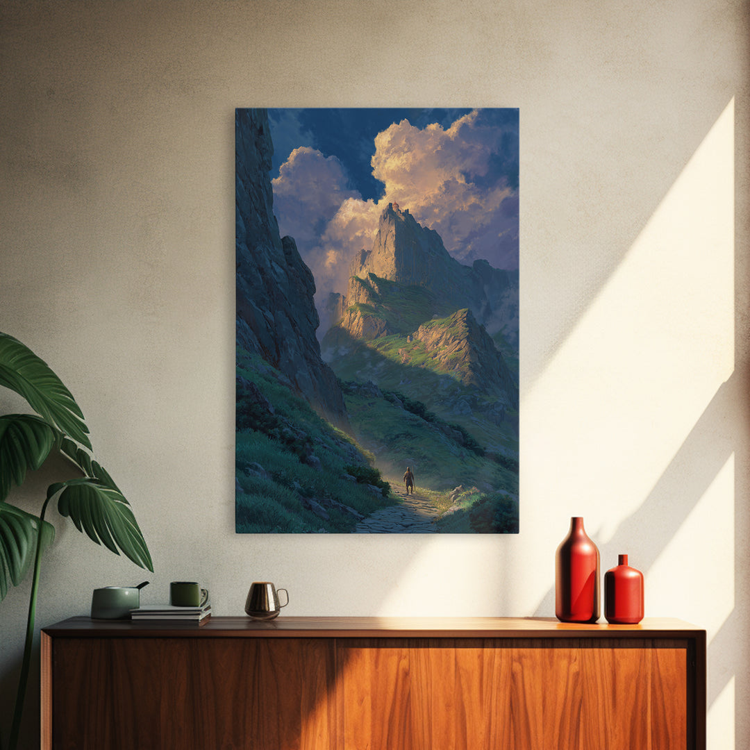 Epic Mountain Landscape With Brave Knight Walking Path Dramatic Sky Fine Art Canvas Print For Living Room