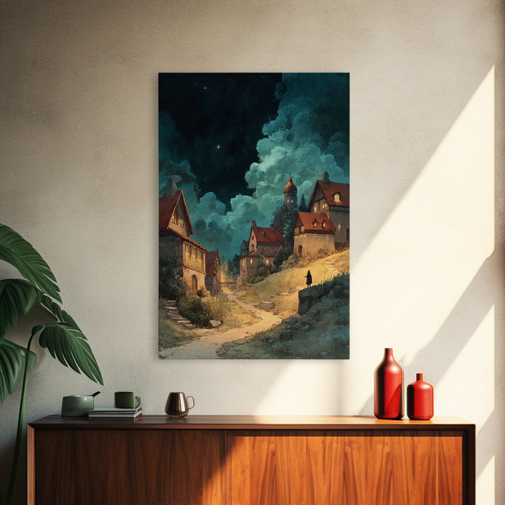 Fantasy Village Landscape With Glowing Lights At Night Framed Canvas Print Large Wall Art For Living Room