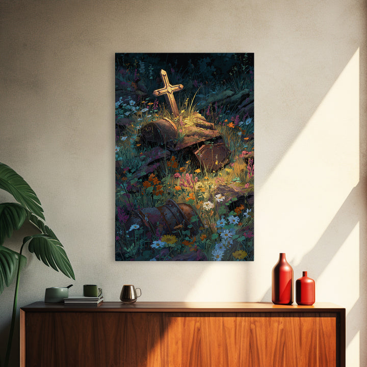 Overgrown Ruins With Flowers Fantasy Landscape Digital Painting Wall Art Canvas Print Unique Nature Inspired Home Decor