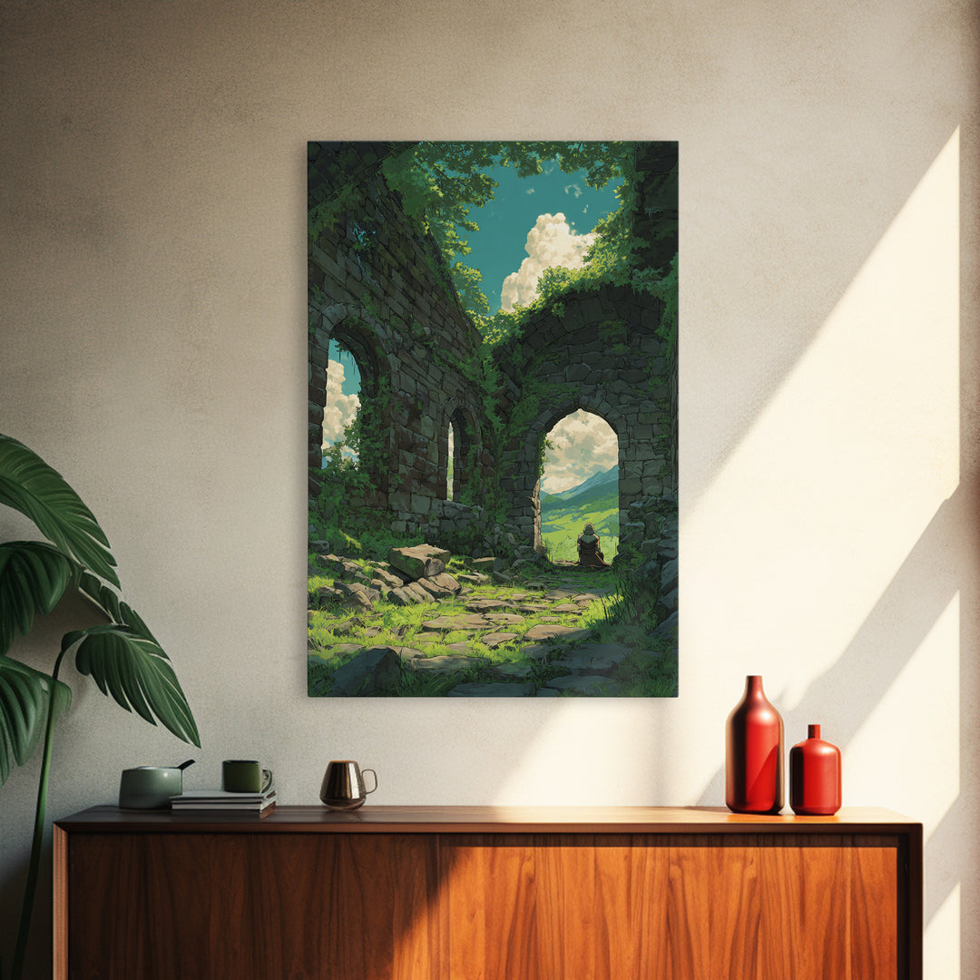 Mystical Forest Ruins With Lush Greenery And Blue Sky Fantasy Digital Art Wall Art Canvas Print For Nature Lovers