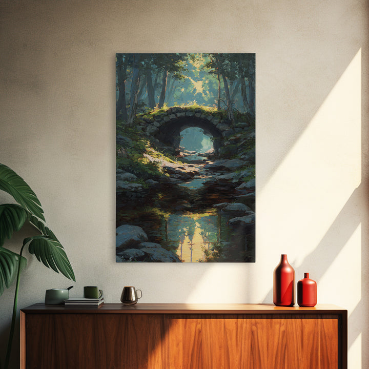 Serene Forest Path Under Stone Bridge With Dappled Sunlight Original Oil Painting Wall Art Framed Canvas Print