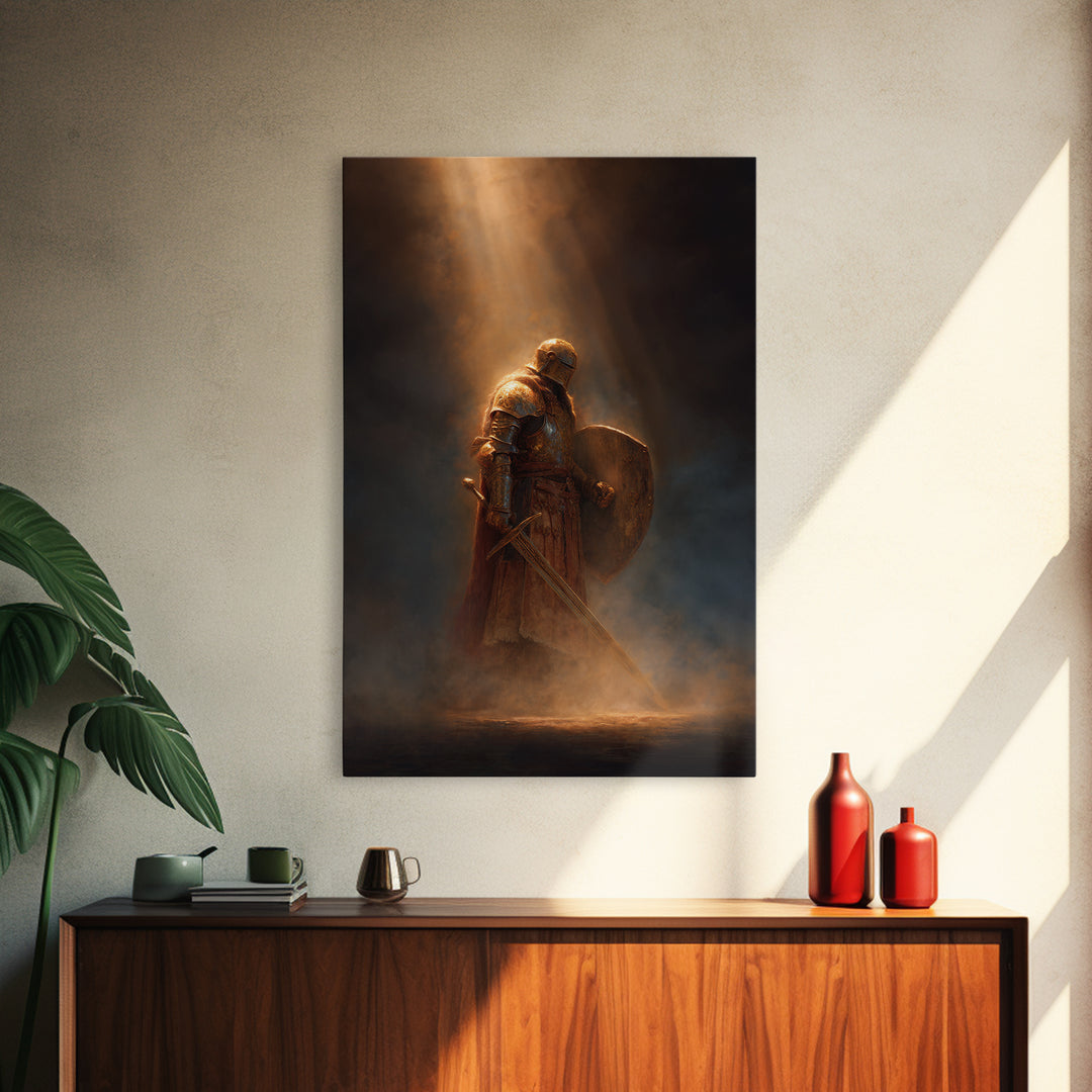 Knight With Sword And Shield Medieval Artwork Dark Fantasy Wall Art Decor Framed Canvas Print