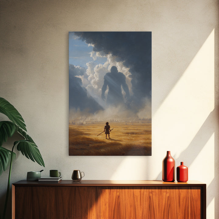 Epic Battle Scene With Warrior Facing Giant Shadow In Dramatic Landscape Wall Art Canvas Print