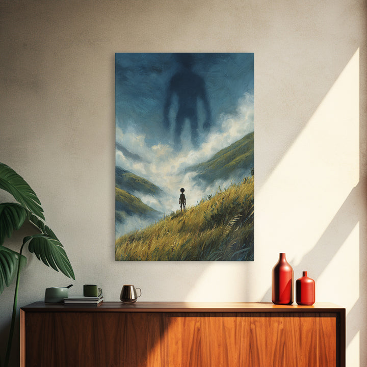 Misty Valley With Lone Boy Facing Giant Shadow Figure Atmospheric Surreal Art Wall Art Canvas Print