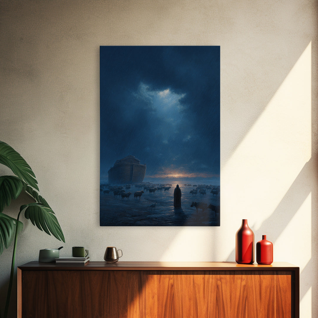 Dramatic Rainy Night With Ark And Shepherd Surrounded By Sheep Wall Art Framed Canvas Print For Home Decor