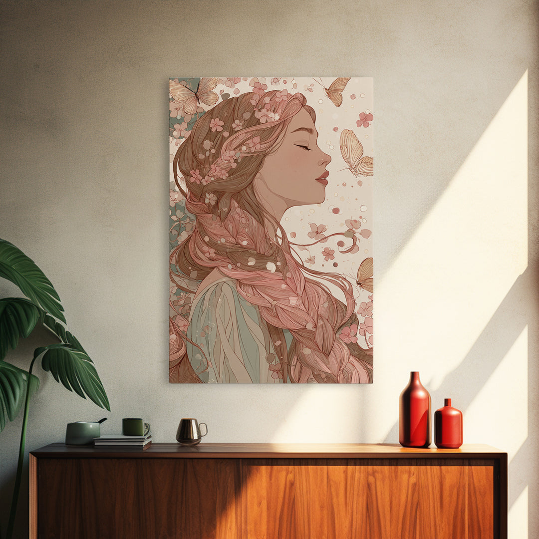 Art Nouveau Woman With Butterflies Framed Canvas Print, Feminine Wall Art, Floral Portrait, Romantic Bedroom Decor, Gift For Her