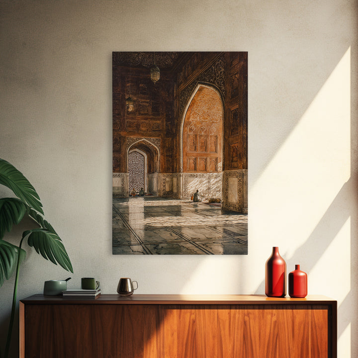 Sunlit Mosque Interior Painting With Intricate Archways Canvas Print Wall Art For Islamic Decor And Spiritual Ambiance