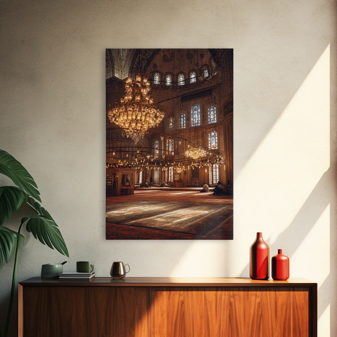 Beautiful Large Chandelier Lightning Historic Mosque Interior - Fine Art Wall Art Framed Canvas Print For Spiritual Spaces