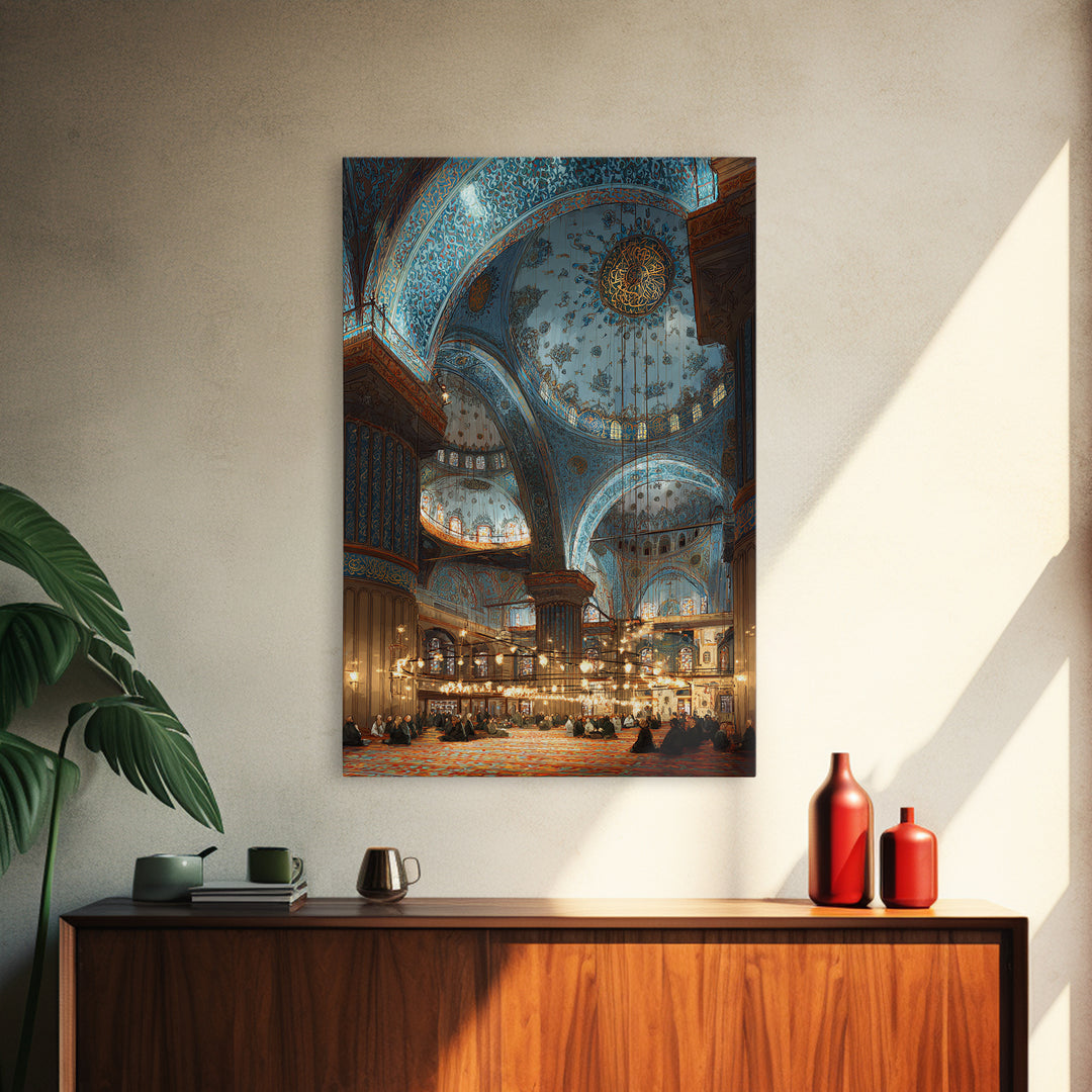 Intricate Islamic Blue Mosque Interior Wall Art Framed Canvas Print Religious Home Decor Spiritual Art Print