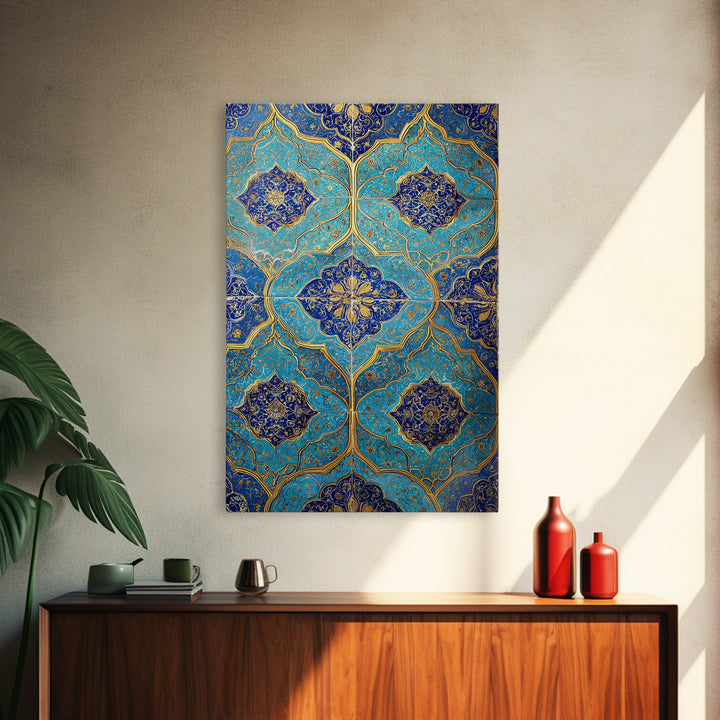 Intricate Blue And Gold Islamic Tile Pattern Wall Art Photography Print For Home Decor