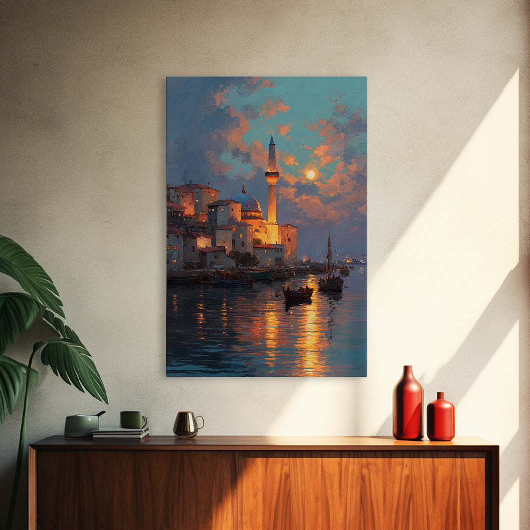 Golden Hour Coastal Landscape With Sword In Beach Sand Dramatic Sunset Painting Canvas Print For Unique Home Decor Wall Art