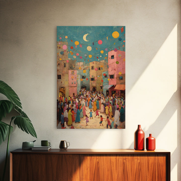 Colorful Festive Middle Eastern Street Scene With Moon And Lanterns Wall Art Framed Canvas Print