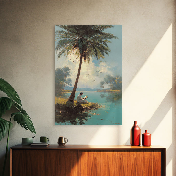 Serene Middle Eastern Landscape With Man Reading By Palm Tree Vintage Style Painting Wall Art Canvas Print