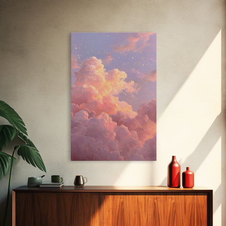 Dreamy Pink Clouds And Starry Sky Canvas Print, Celestial Wall Art, Pastel Nursery Decor, Whimsical Bedroom Art, Gift For Her