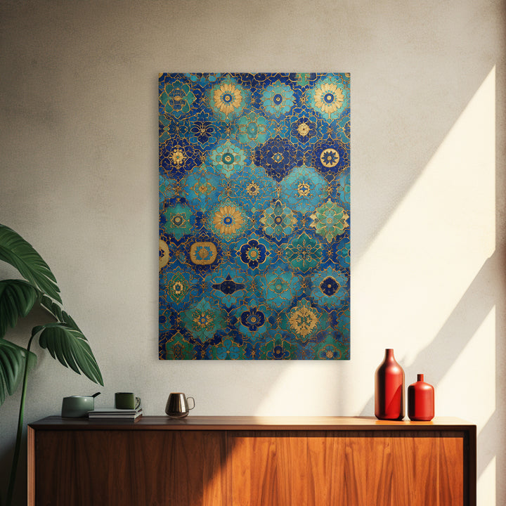 Blue And Gold Islamic Geometric Tile Art Elegant Framed Canvas Print For Traditional Home Decor Or Thoughtful Gift