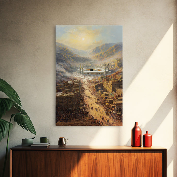 Sunrise Over Crowded Ancient Cityscape With Mountains And Kaaba - Wall Art Framed Canvas Print For Home Decor