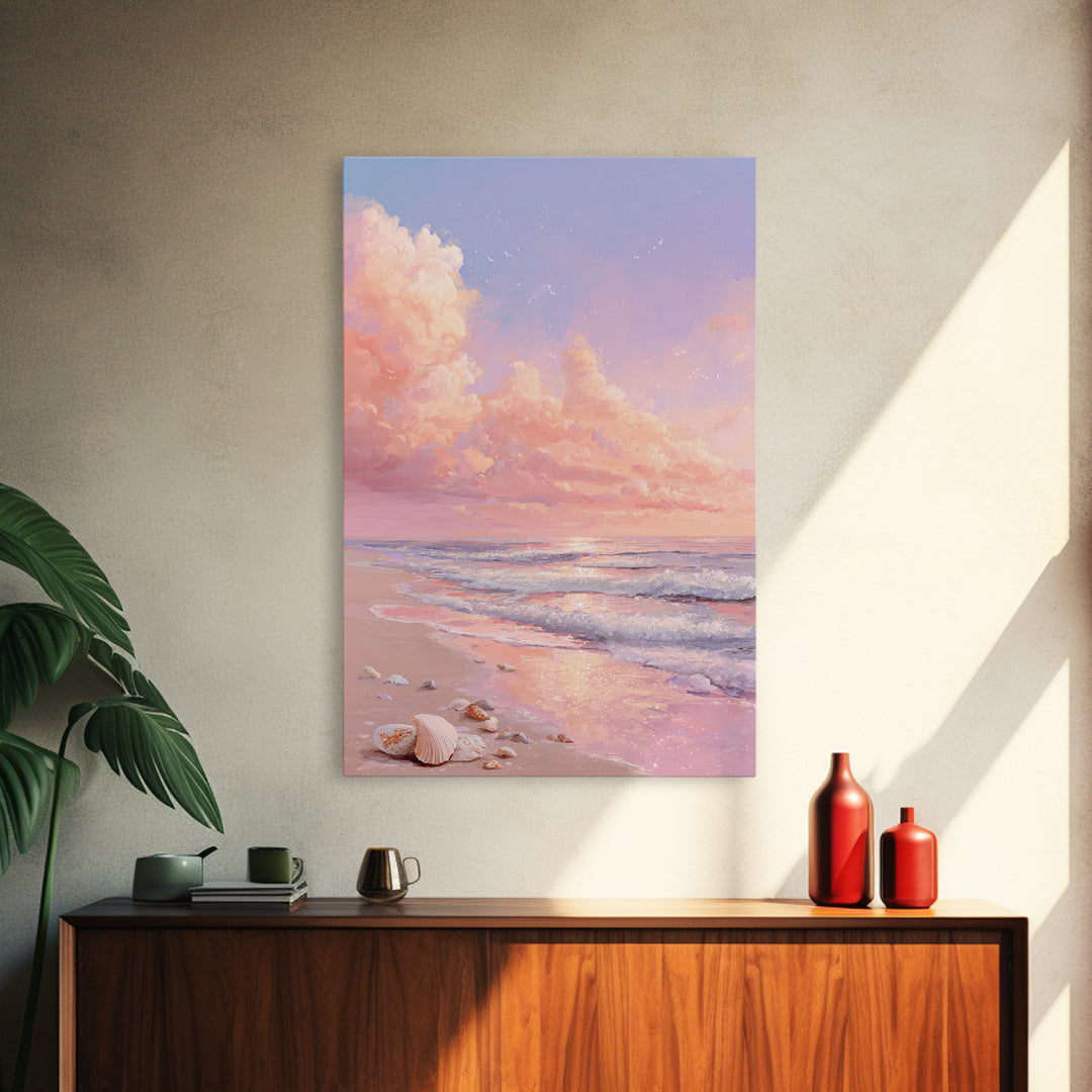 Pastel Ocean Sunrise With Seashells Canvas Print, Coastal Wall Art, Beach House Decor, Seascape Painting, Gift For Her, Home Decor