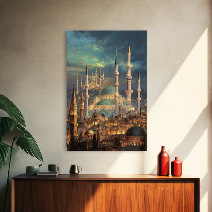 Elegant Cityscape Painting Of Historic Minarets And Domes With Glowing Lights At Dusk Wall Art Canvas Print