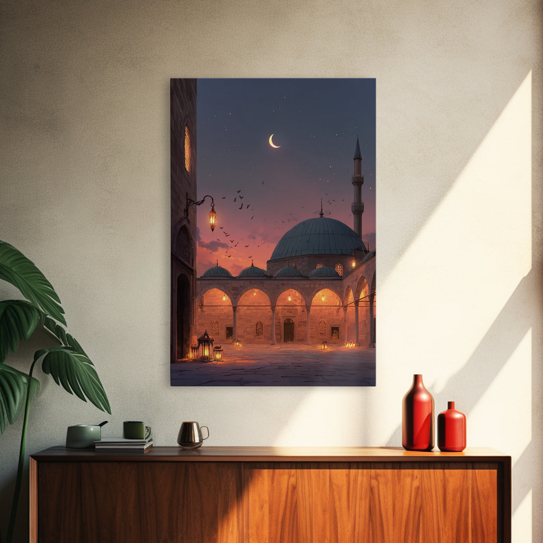 Magical Mosque Courtyard At Dusk With Lanterns And Crescent Moon Vibrant Islamic Wall Art Framed Canvas Print