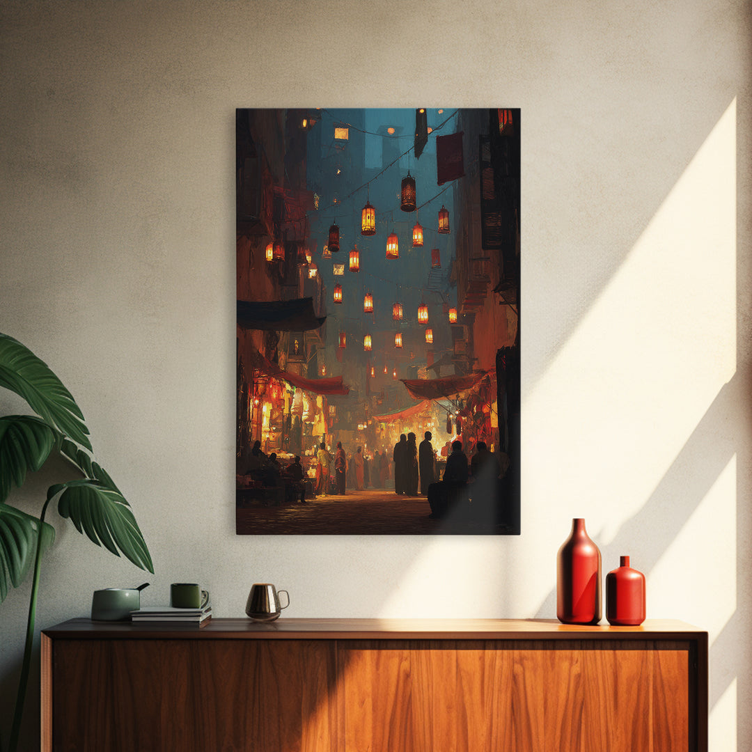Vibrant Night Market Scene Oil Painting Wall Art Canvas Print For Living Room Decor And Boho Home