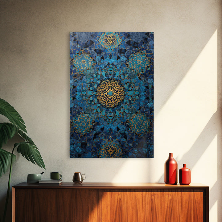 Intricate Blue And Gold Islamic Geometric Pattern Wall Art Framed Canvas Print For Modern Home Decor