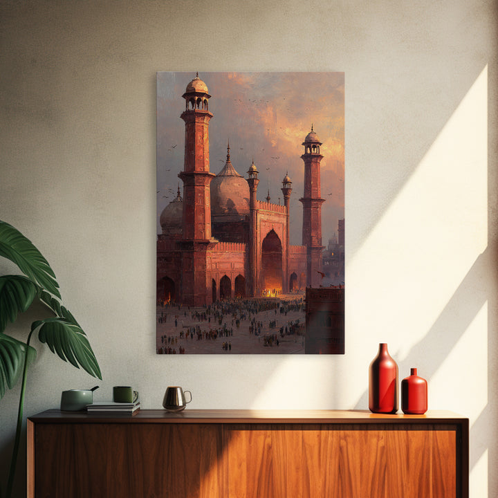 Historic Red Mosque Sunset Scene With Crowds And Birds Captured In Beautiful Oil Painting Wall Art