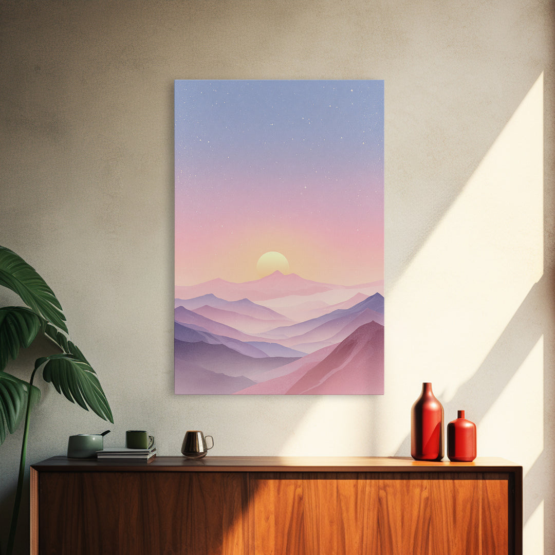 Pastel Mountain Sunrise Under Starry Sky Wall Art, Minimalist Landscape Print, Calming Bedroom Decor, Modern Home Decor, Gift